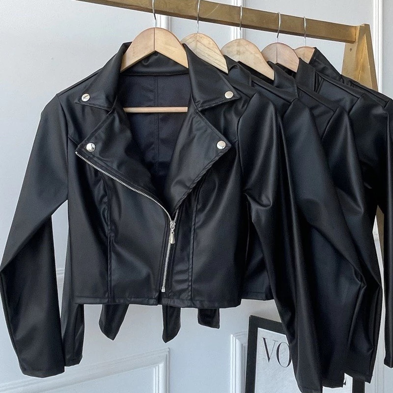 Jaqueta De Couro Feminina Com Ziper Inverno Elegan