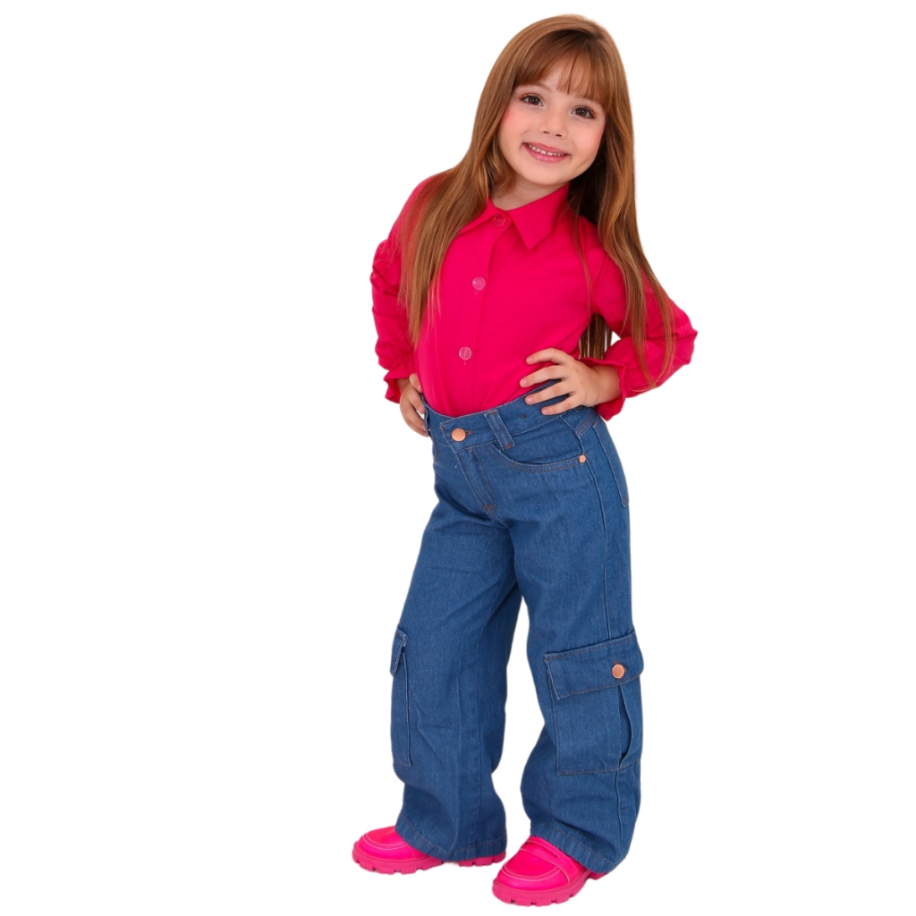 Calca Cargo Wid Leg Menina Infantil jeans 100% com
