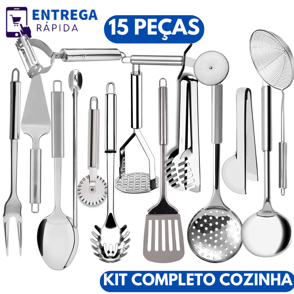 Kit 15 Peças Utensílios para Cozinha em Aço Ino