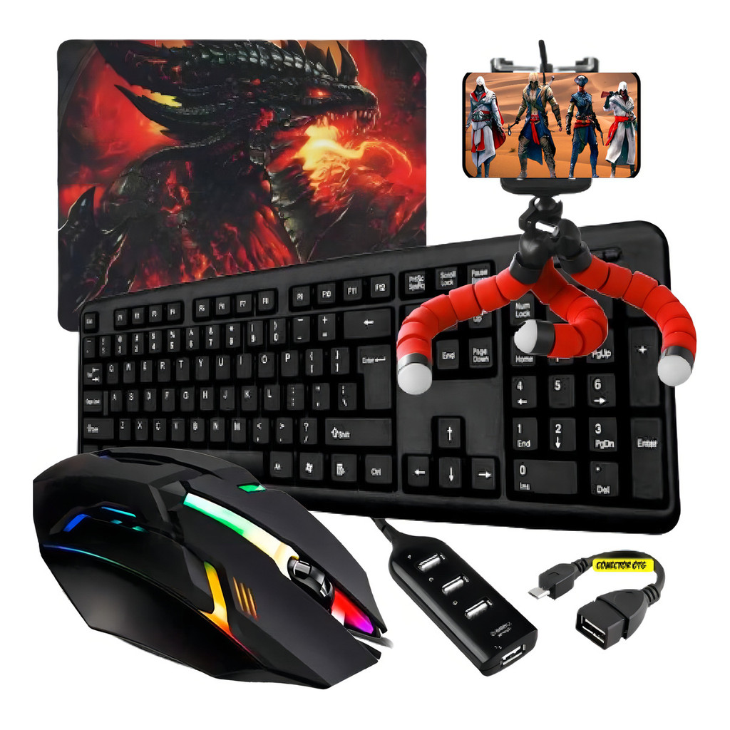 Kit Gamer Completo Mobilador Teclado Mouse Cor Pre