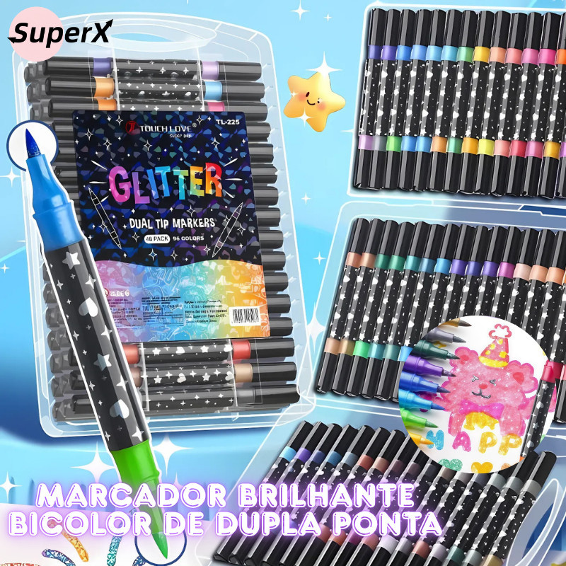 Caneta Marcadora Glitter Dupla Ponta 48/72/96 Core
