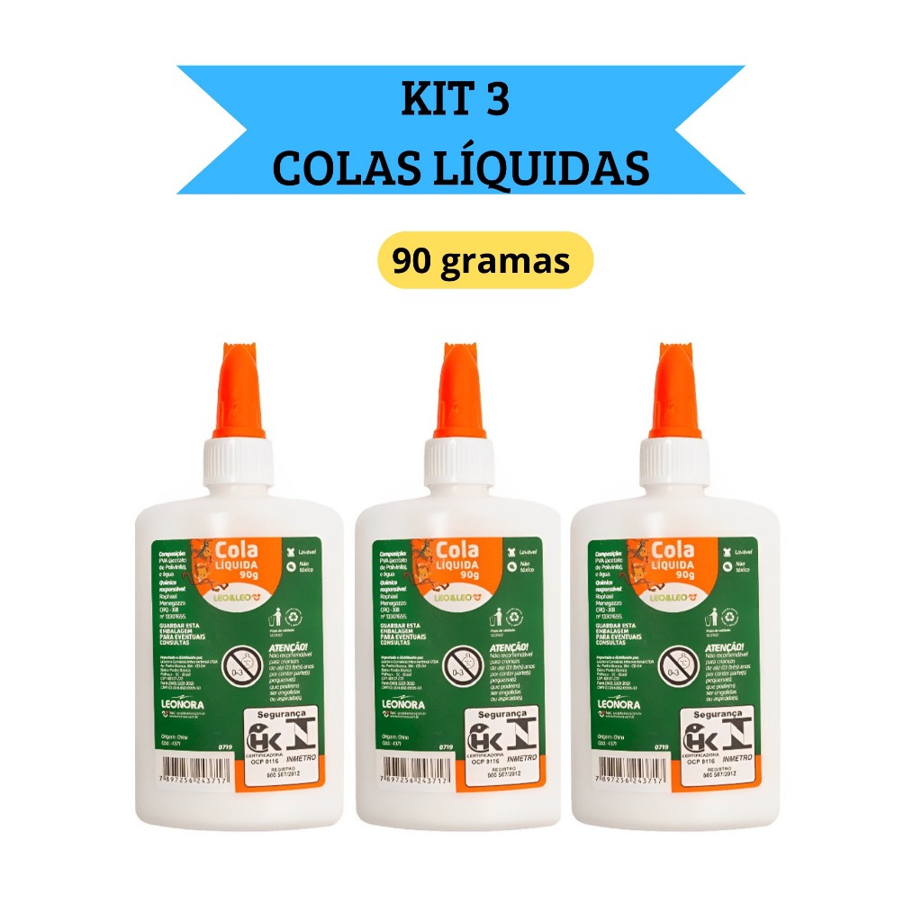 Kit 3 Cola Líquida Branca Escolar 90g com espátu