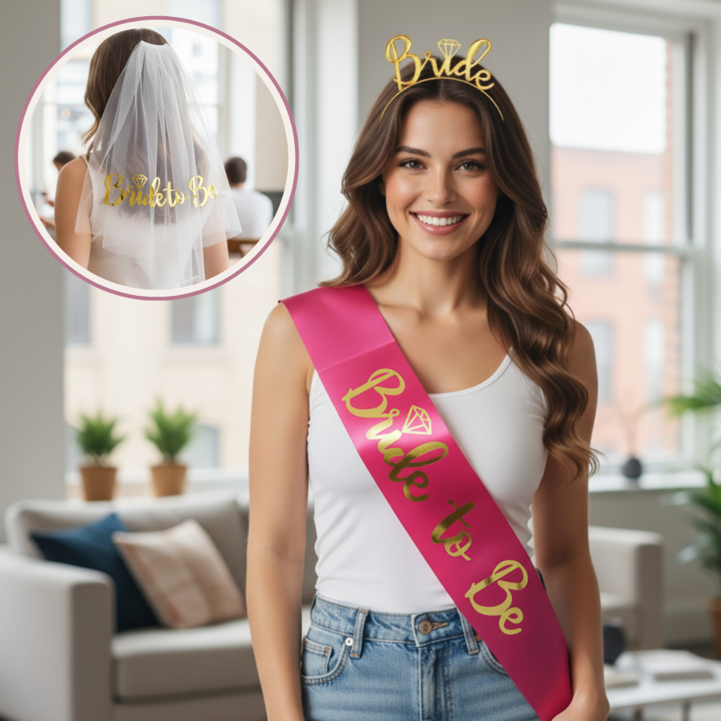 Kit Véu Faixa Tiara Bride to Be Noiva Pink Dourad