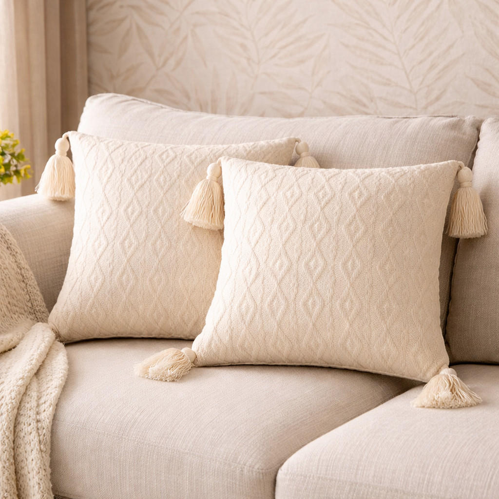 Kit Capa de almofada boho pompom piquet cru algod�
