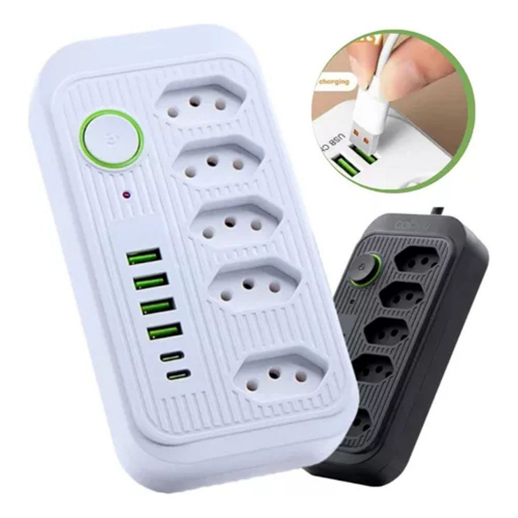 Extensão 5 Tomadas 4 USB 2 TypeC Universal Bivolt