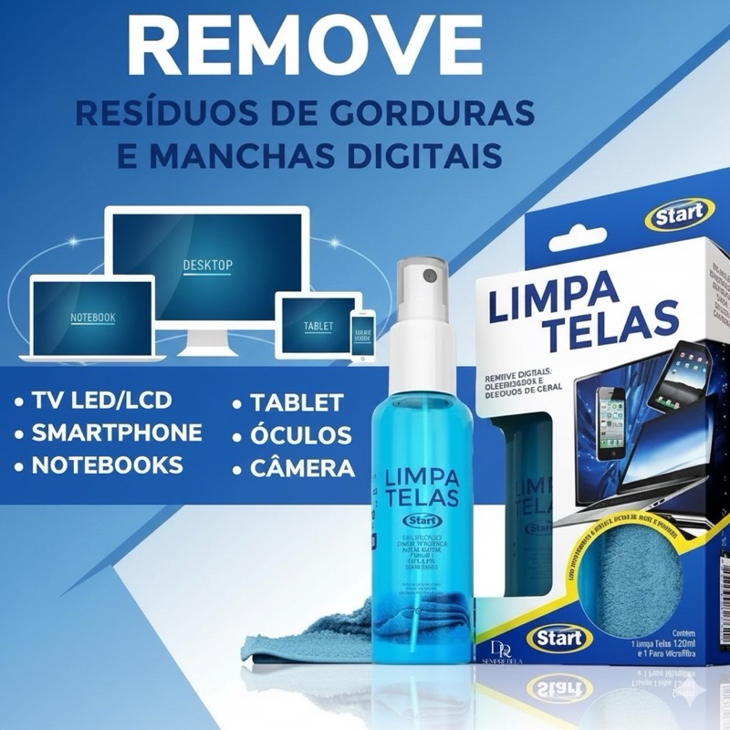 Limpa Telas Start 120ml + 1 Pano Microfibra| Limpe