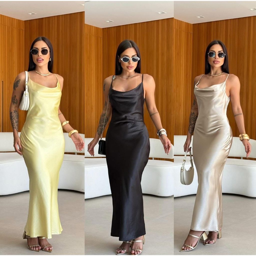 Vestido Midi Feminino Cetim – Moda Elegante 