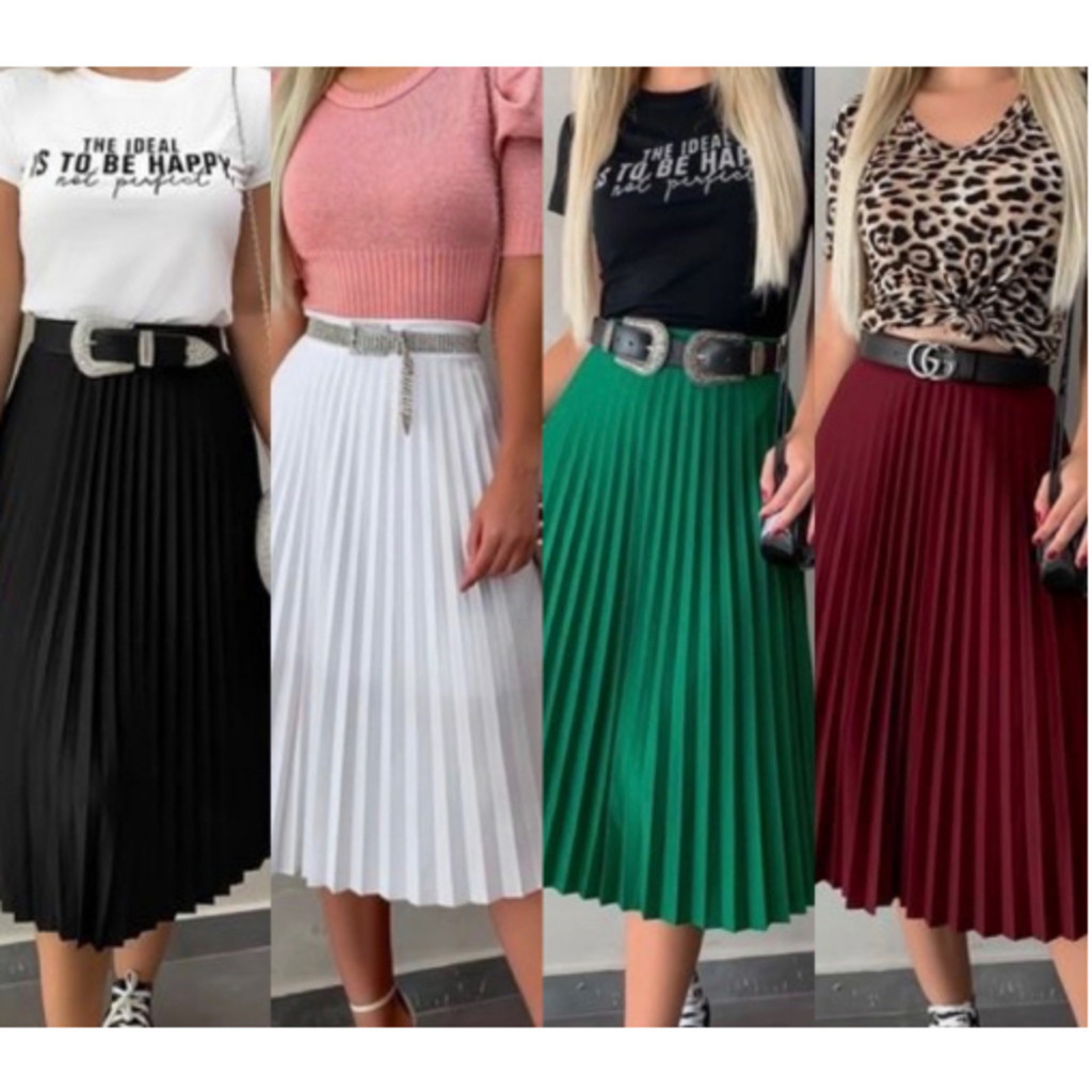 Saia Plissada Midi Feminina Com Forro Lisa –