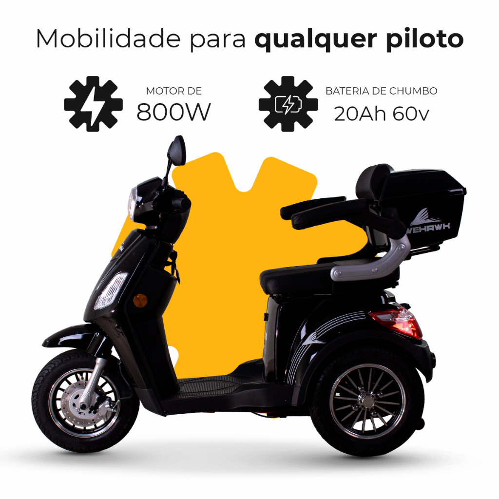 Triciclo Elétrico Preto WeHawk 800W CF Autonomia 