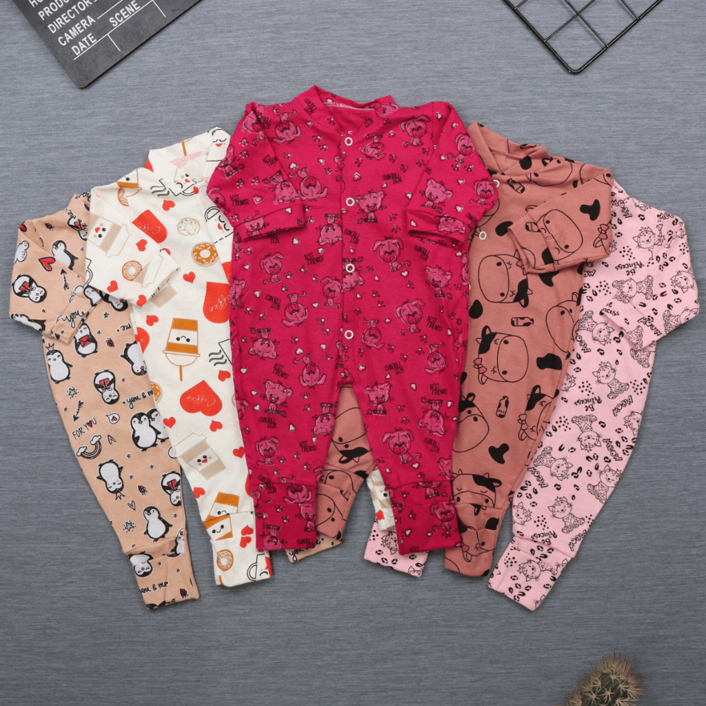 Kit 5 Macacão Vira pé Estampado em Malha para Be