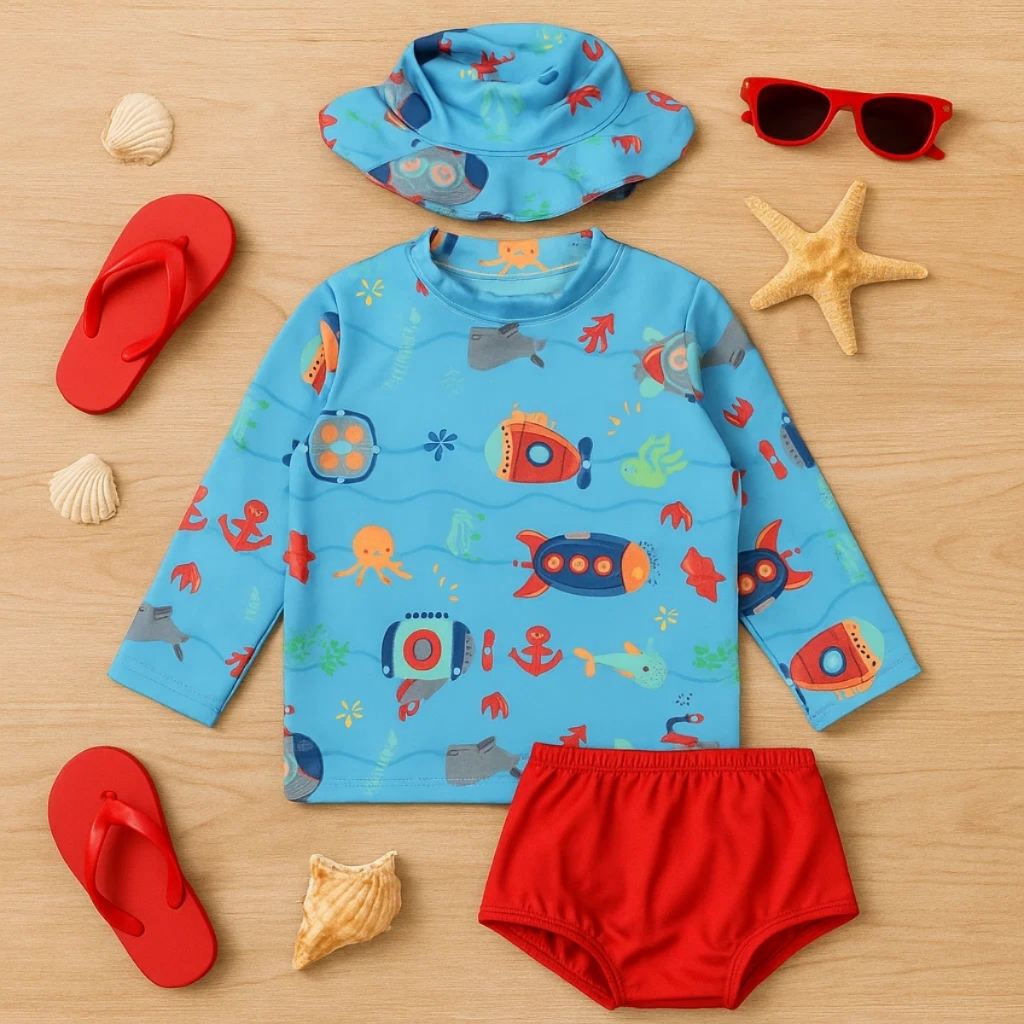 Conjunto Praia Bebê Com Proteção Uv Menino 3 Pe