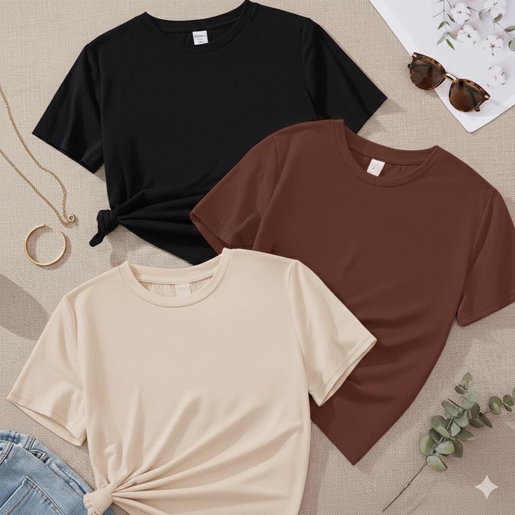 Kit 3 T-shirt Feminina Básica 100% Algodão Envio