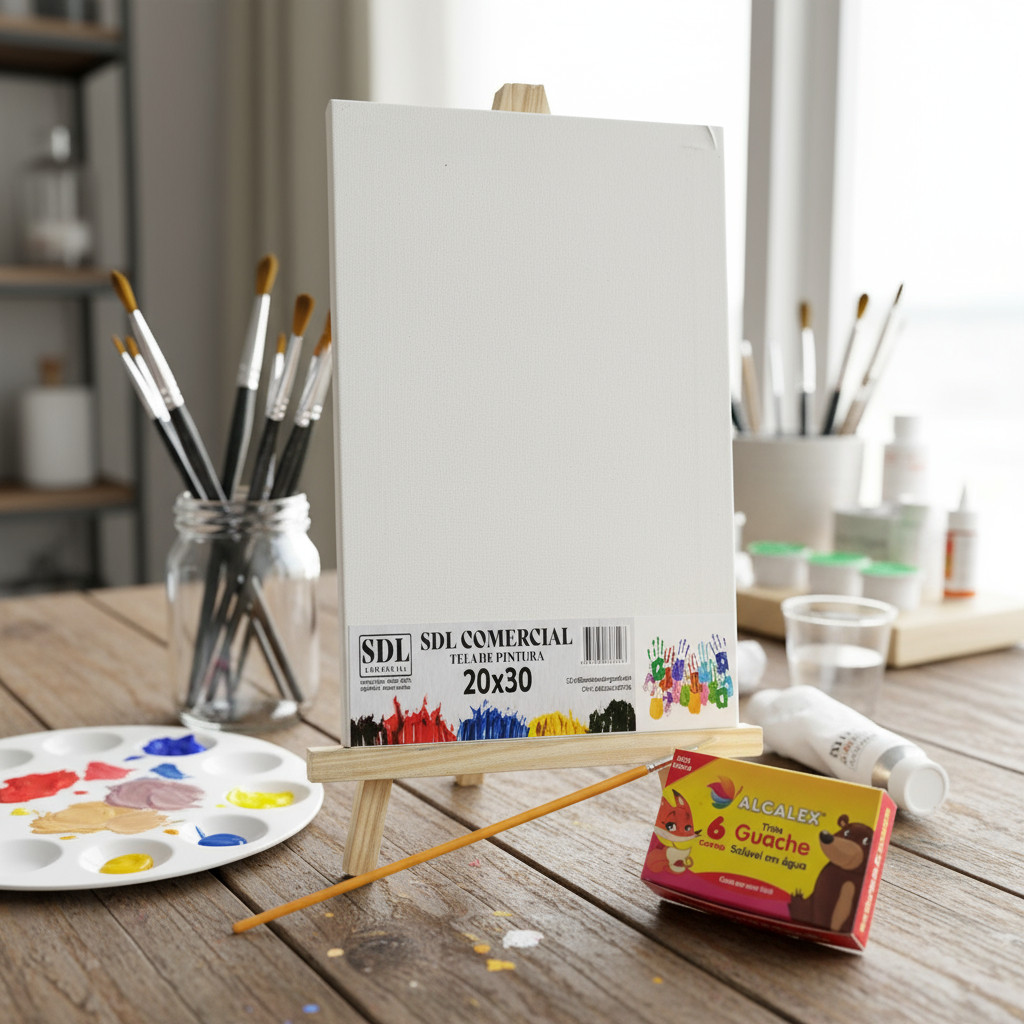Kit Cavalete + Tela 20×30 + Pincel + 6 Tinta 