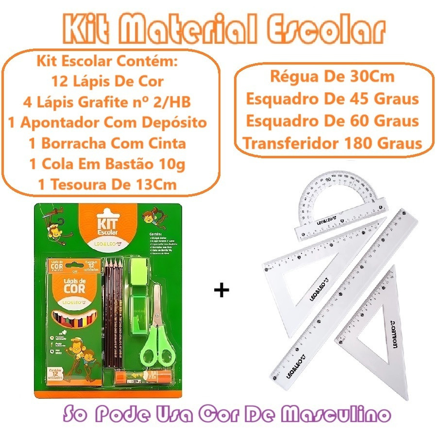 Kit Material Escolar Com Geométrico Régua E Láp