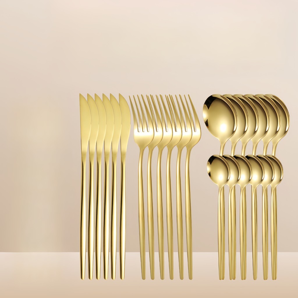 24 Peças Talheres Dourado De Aço Inox Garfo Colh