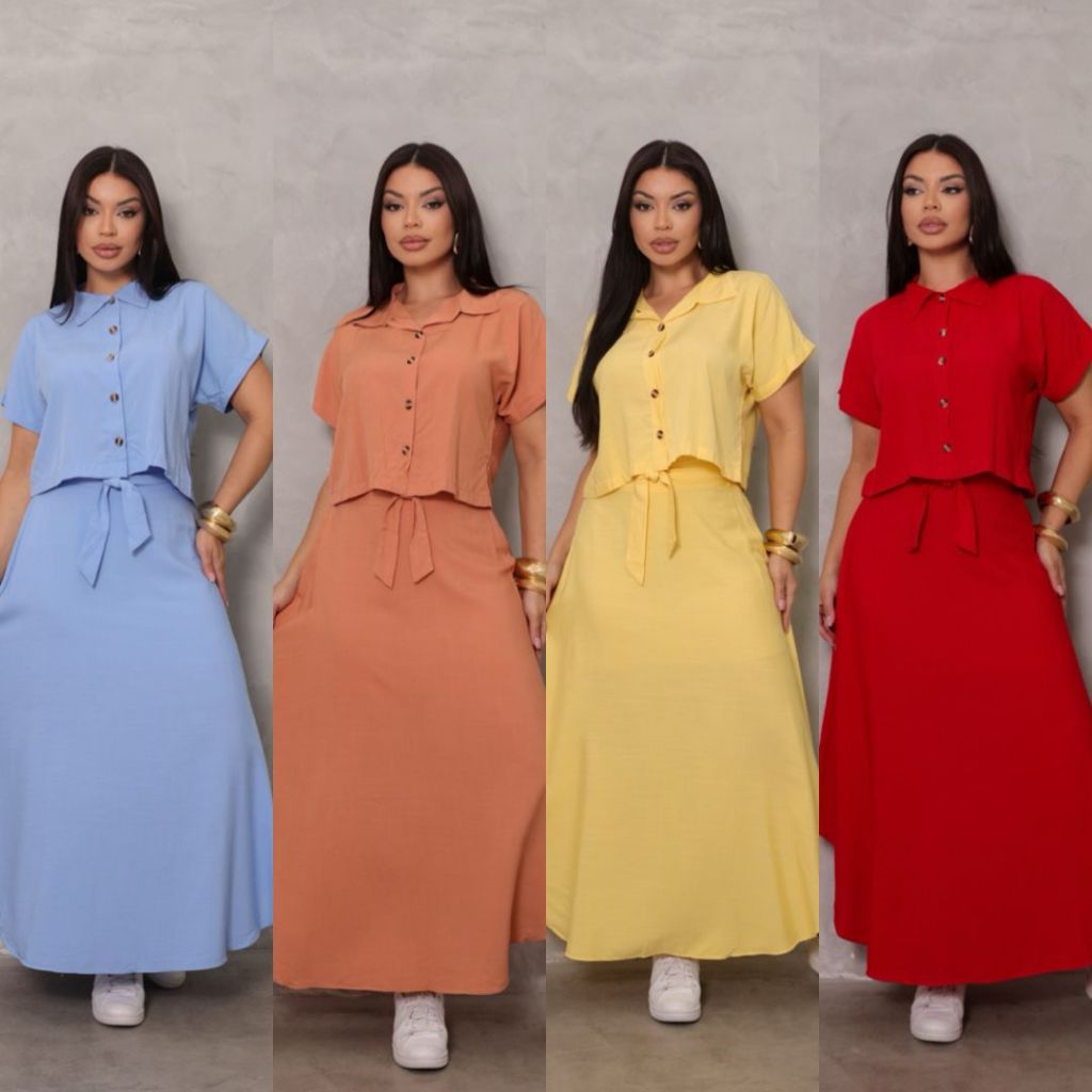 Conjunto Feminino Alfaiataria Cropped + Saia Longa