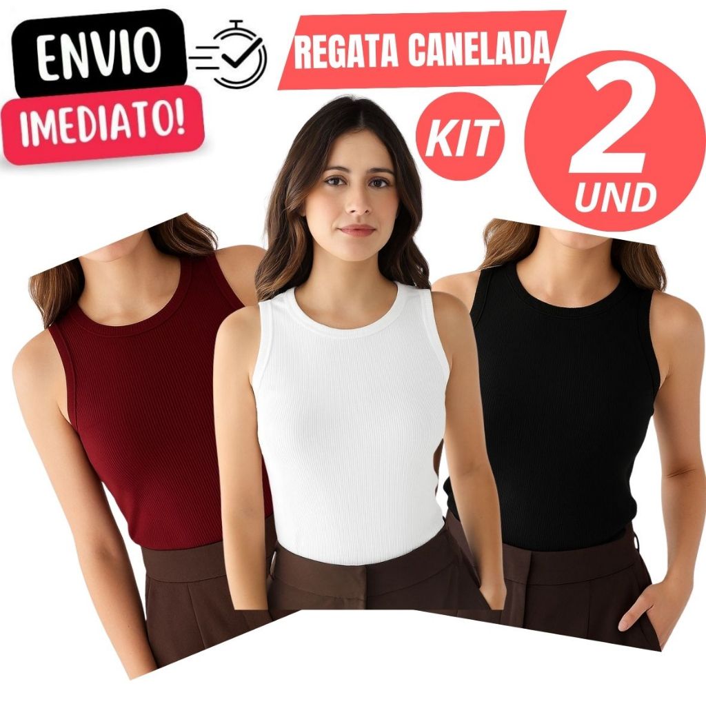 Kit 2 Blusa Regata Feminina Básica Canelada Malha