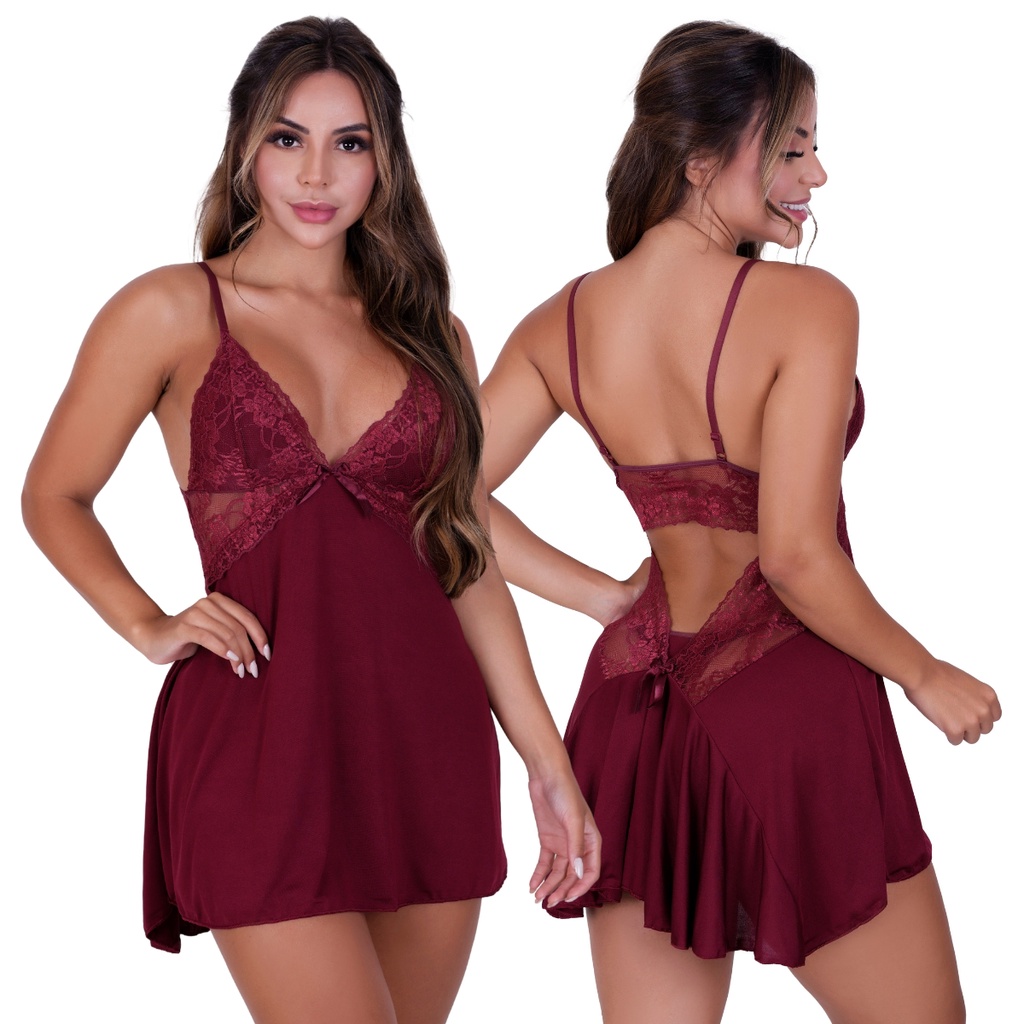 Camisola Com Calcinha Feminina Sexy de Renda e Mic