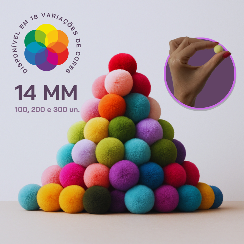 Kit Pompom de poliéster 14mm com 100, 200, 300 e 