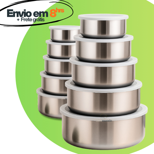 Jogo 10 Potes Tigelas em Inox Alumínio Com Tampa 