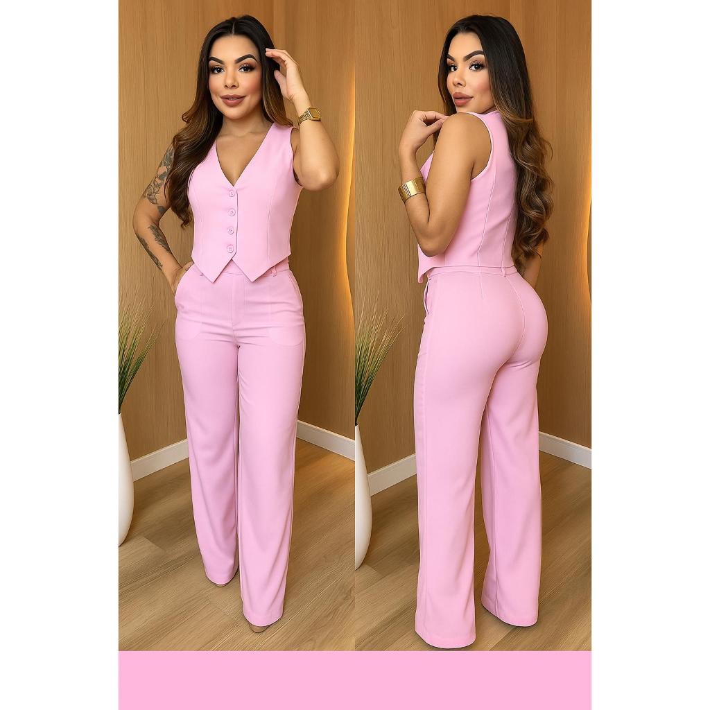 CONJUNTO GABI. MODA FEMENINA COLETE E CALÇA ALFAI