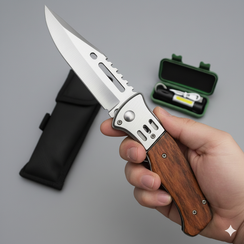 Kit Canivete de Madeira Aço Inox Dobrável Autom