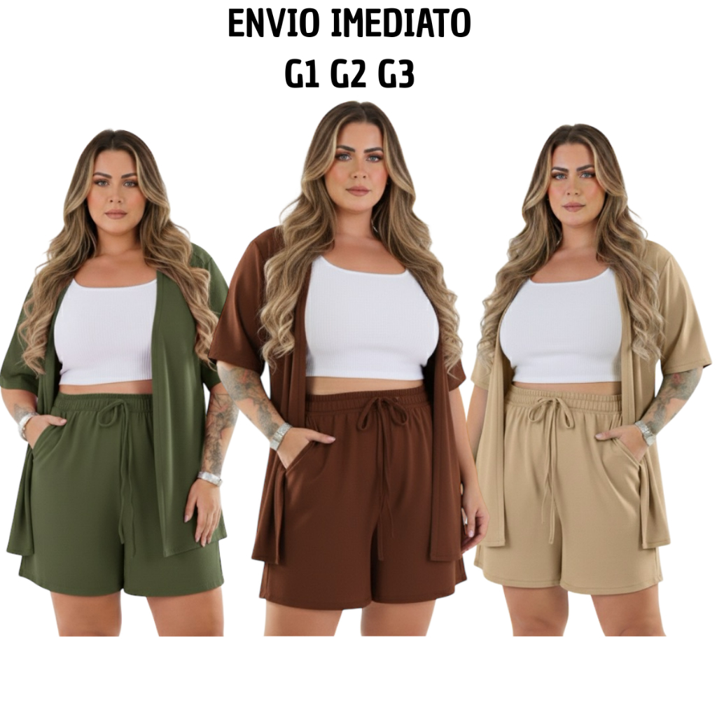 Conjunto 2 Peças Kimono e Short Plus Size Com Bol