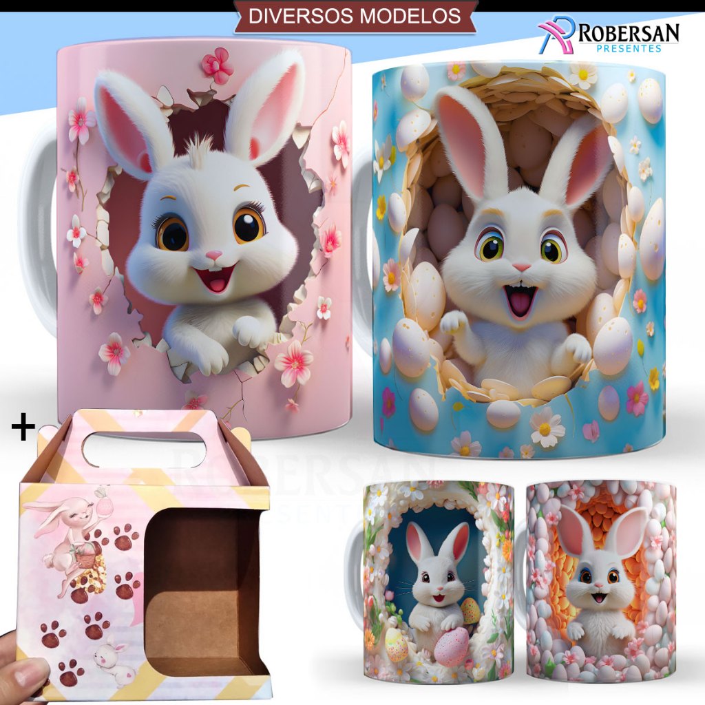 Caneca Páscoa 3D Coelho Porcelana | Lembrancinha 