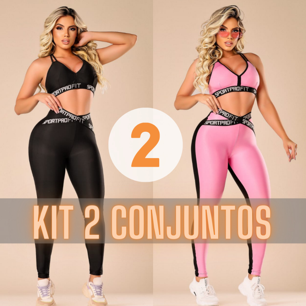 Kit 2 Conjuntos Fitness Top e Legging Com Elástic
