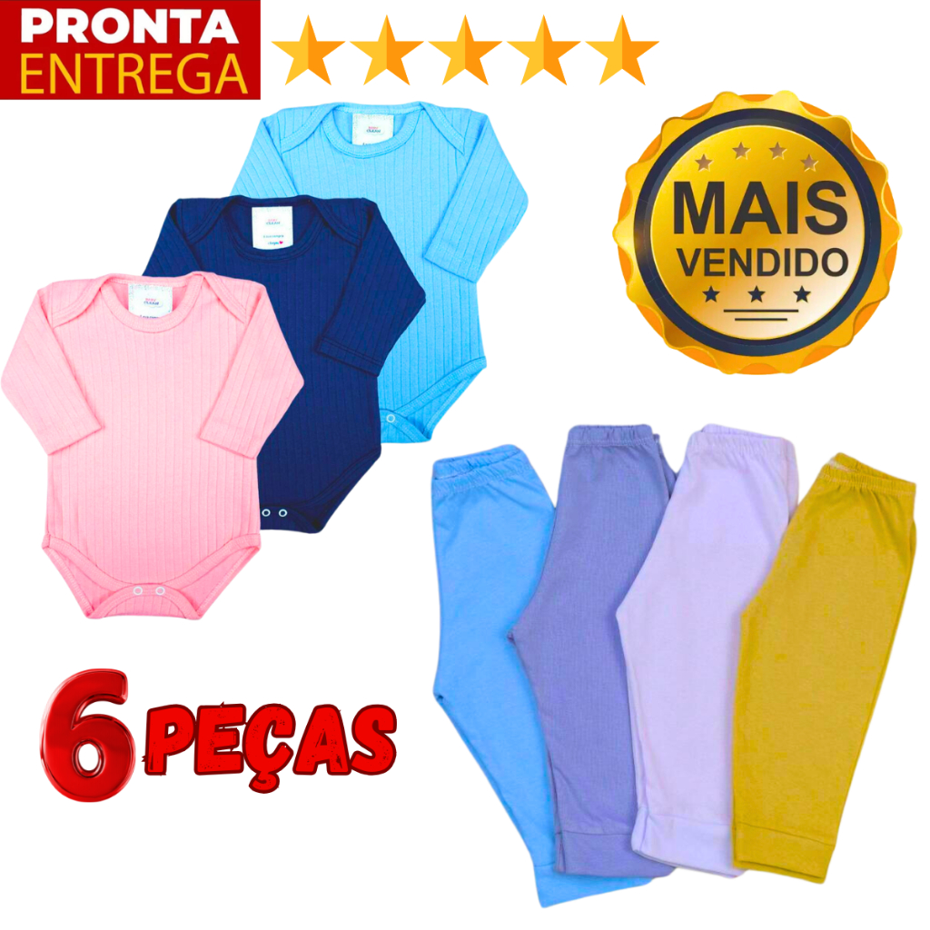 Kit 6 Peças Conjunto Body Canelado Manga Longa E 