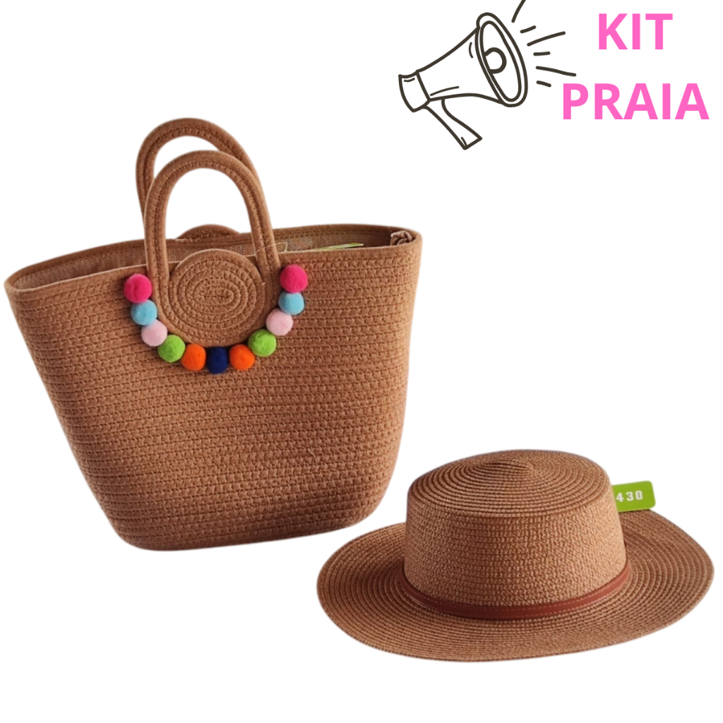 Bolsa de Praia com Chapéu de palha Kit completo G