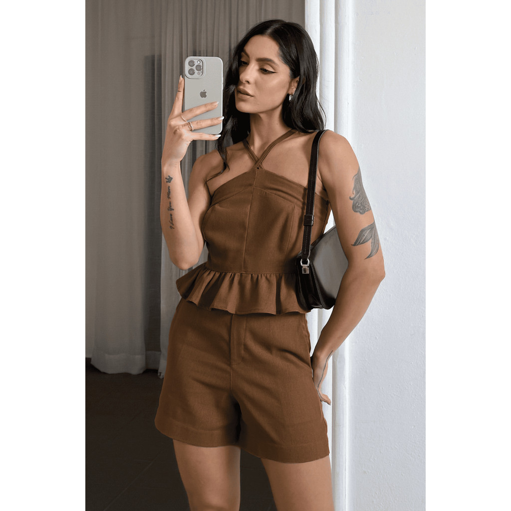 Conjunto Linho Feminino Blusa Cropped Babado E Sho