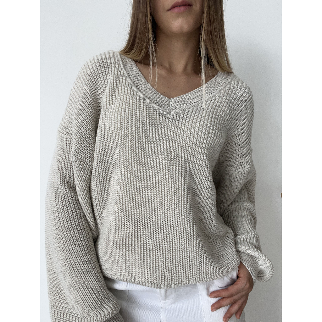 Blusa Tricot Sueter Gola V Trico Ponto Fang Manga 