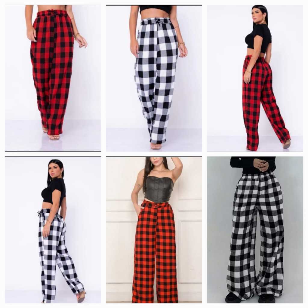 Calça Pantalona Xadrez Flanelada Feminina  Elegâ