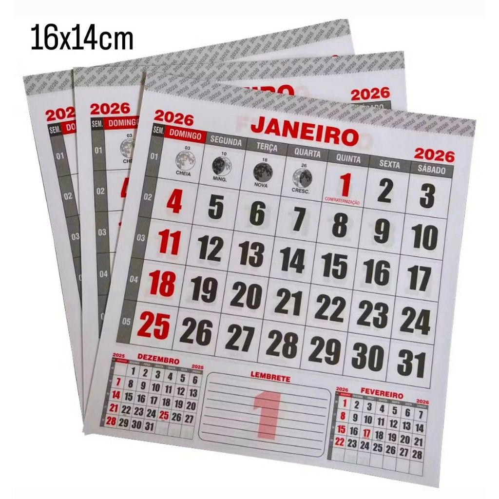 Blocos Calendário 2026 16x14cm Refil Folhinha Com