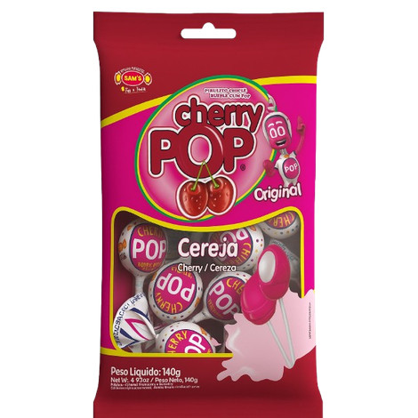 Pirulito Cherry Pop Cereja Recheio Chiclete c/10 &