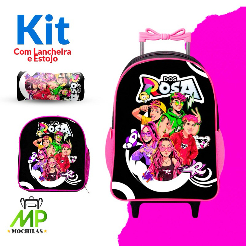 KIT Mochila+Lancheira+estoujo Infantil Dos rosa  &