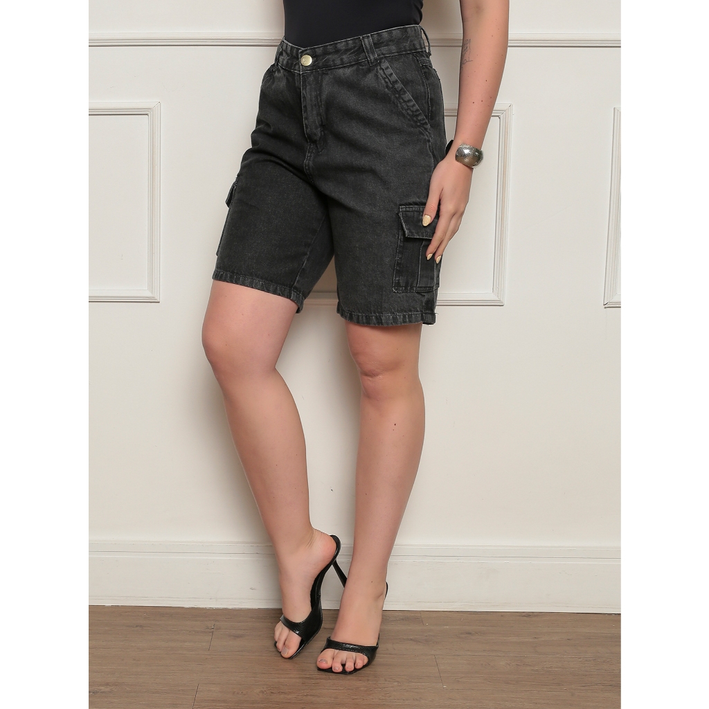 BERMUDA JEANS FEMININA CARGO BOLSO NA LATERAL COR 