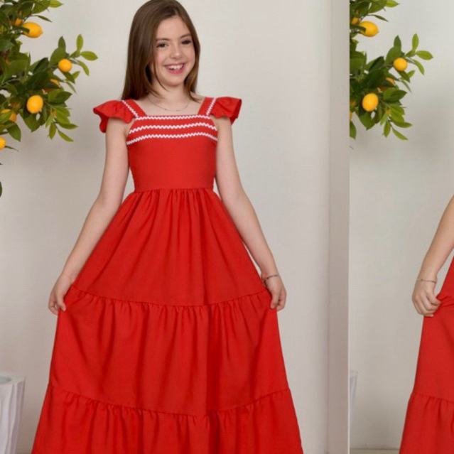 Vestido Longo Juvenil Feminino  Lastex + Babados  