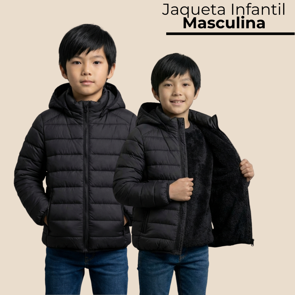 Jaqueta Puffer Infantil Masculino Pelinhos e Touca
