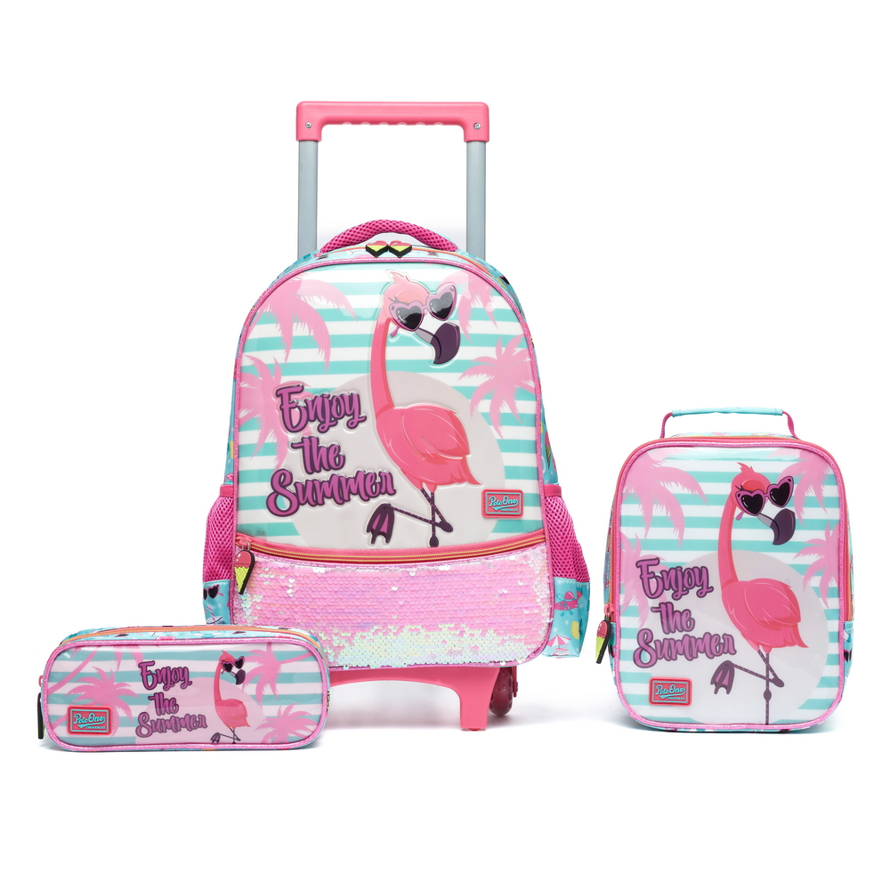 Kit Mochila Escolar Feminina Flamingo com Rodinhas