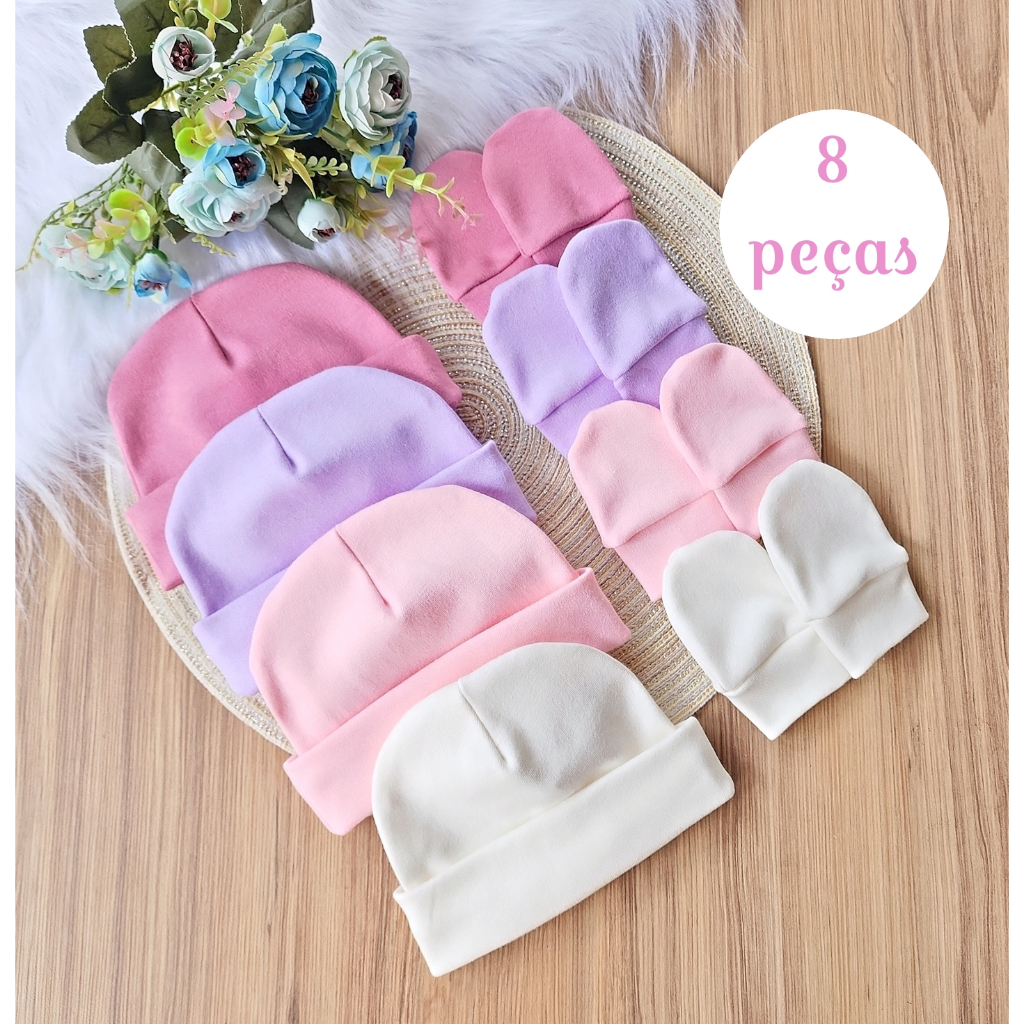 Kit 4 Touca e 4 Luva Para Bebê Recém Nascido 100