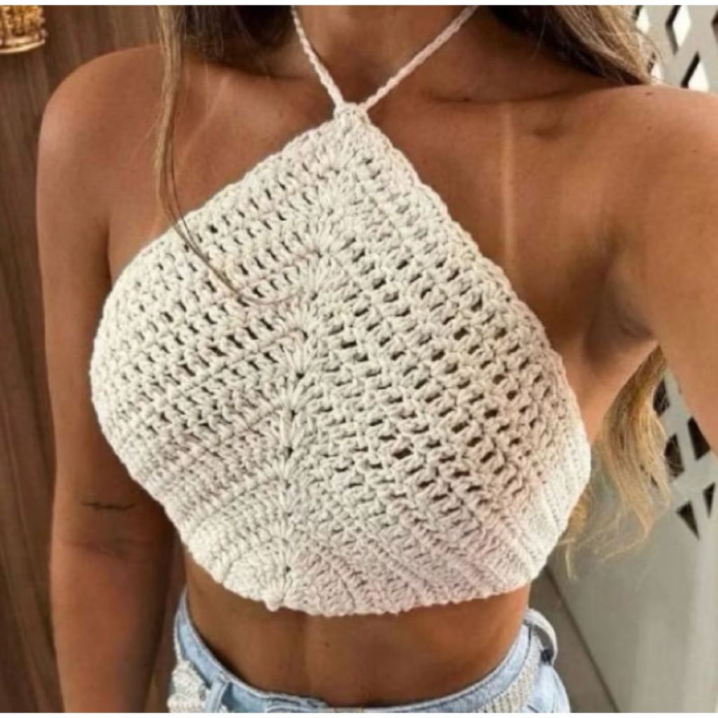 top crochê, top frente única, top moda praia, to