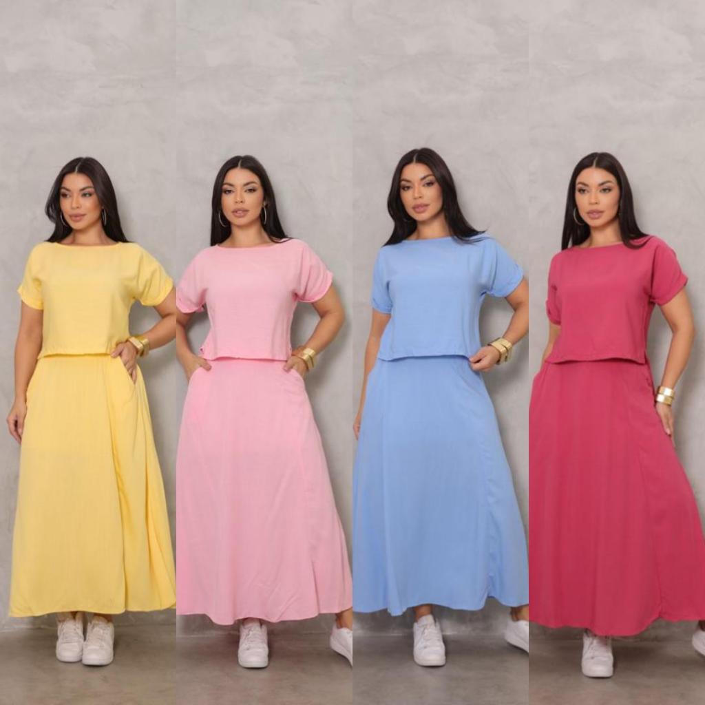 Conjunto Midi Feminino Saia Longa e Blusa com Bols