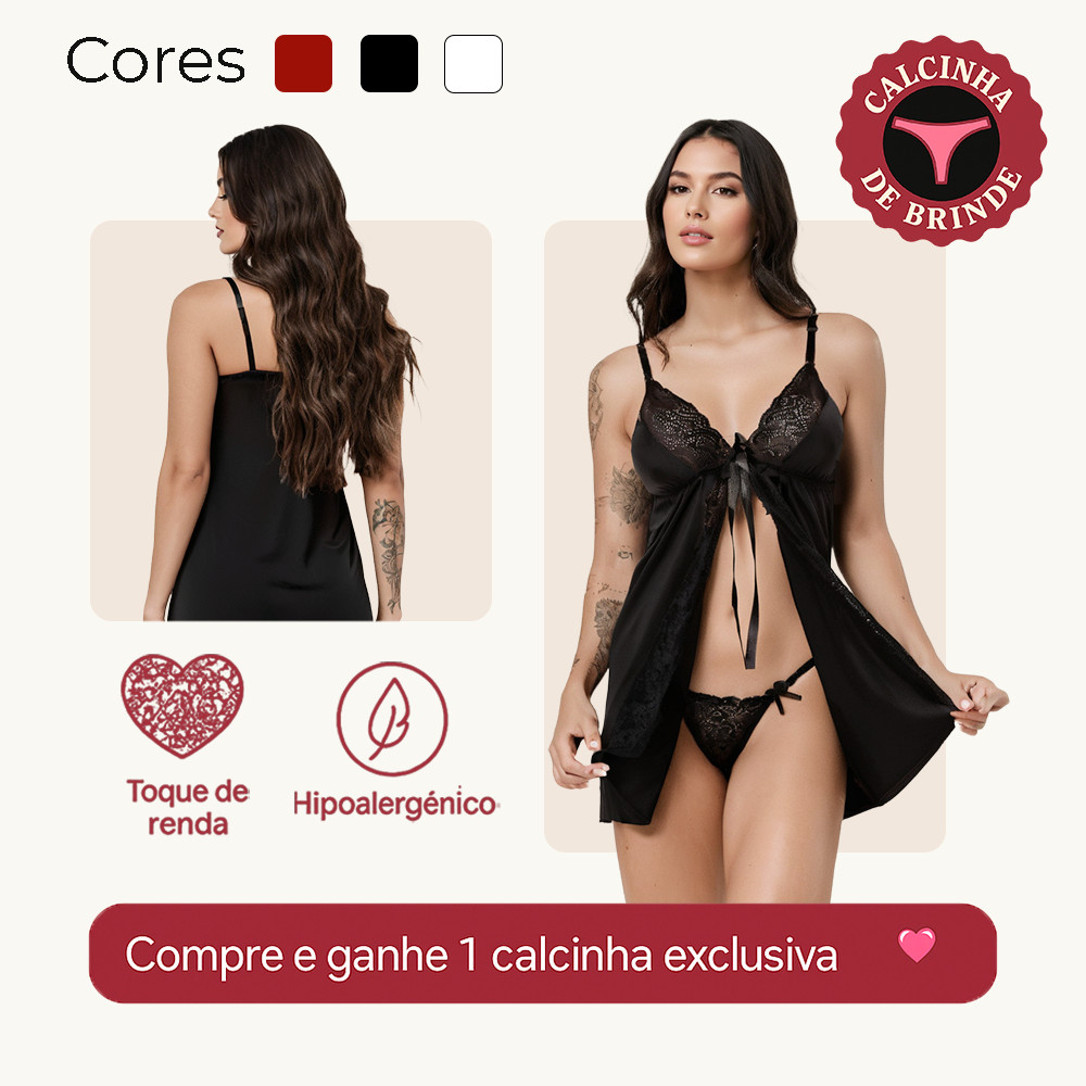 Camisola de Renda Luxo ABertura na Frente + BRINDE