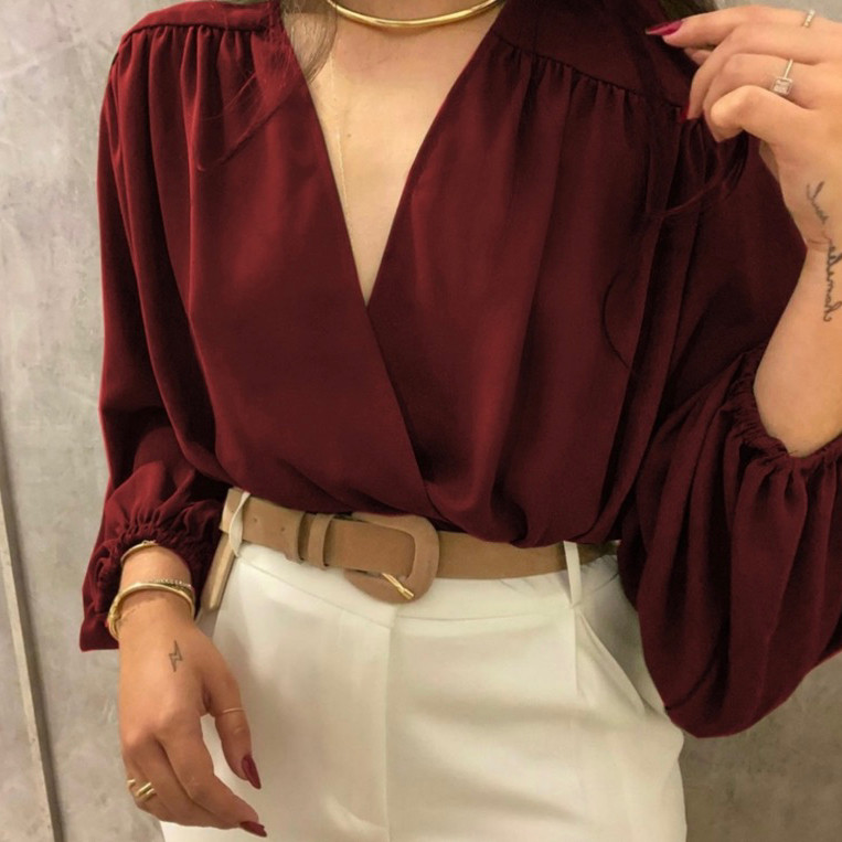 Blusa Feminina Manga Longa Decotada Transpassada C