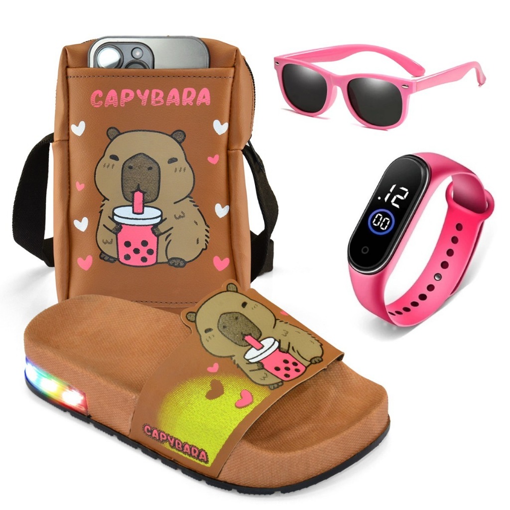 Kit Chinelo Infantil LED Capybara + Bolsa + Relóg