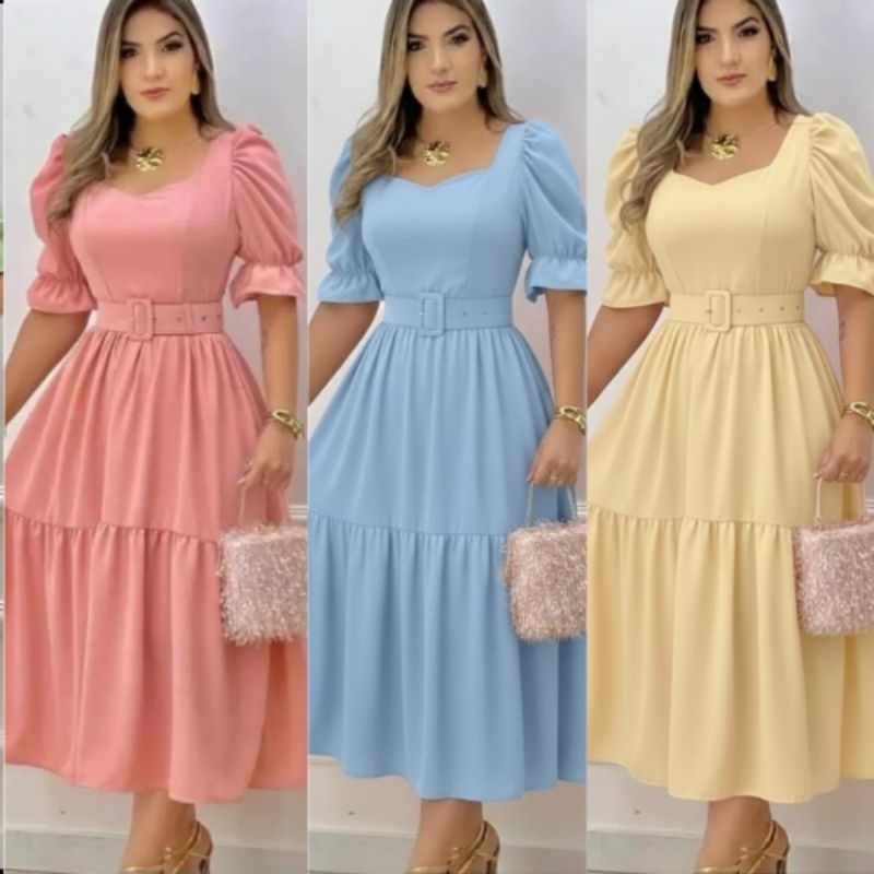 Vestido Midi, com cinto forrado, moda princesa