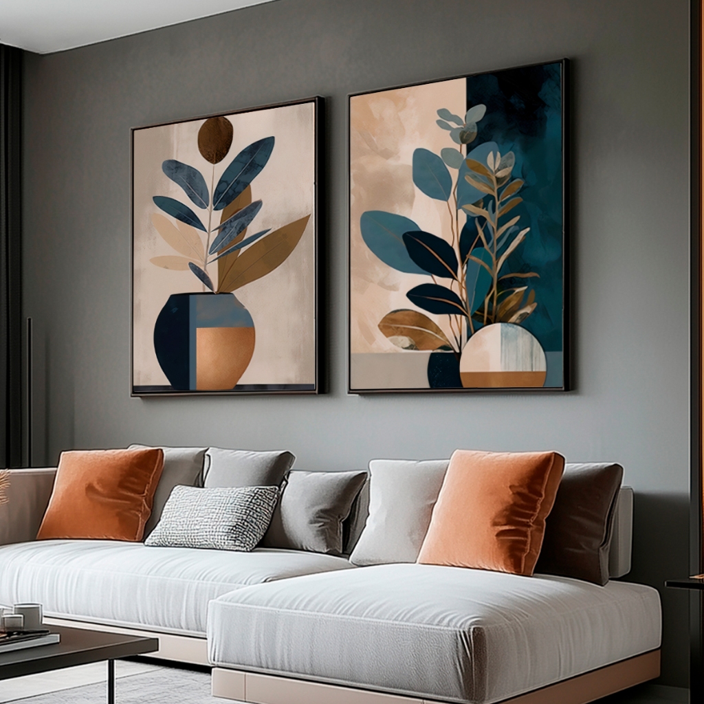 Kit 2 Quadros Decoração Moldura Folhagem Abstrat