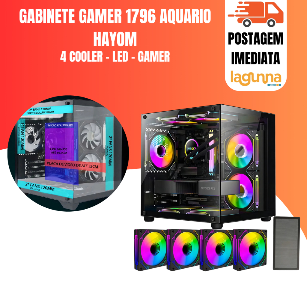Gabinete Gamer Aquário HAYOM com 4 fans Inclusas 